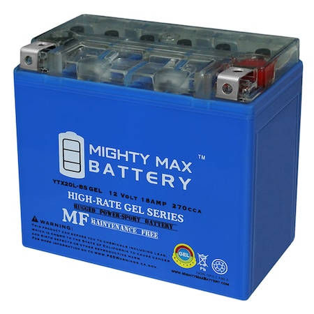 Mighty Max Battery Sealed Lead Acid Battery, 12 V, 18 AH, Nut and Bolt Terminal, GEL Chemistry YTX20L-BSGEL205